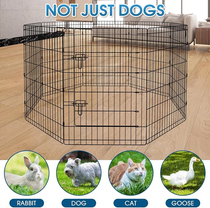 Pet Playpen Dog Pen Foldable Dog Exercise Fence 8 Panels 36 Inch Kennels Pet Playpen Options Ideal for Pet Medium Animals Outdoor Indoor (Playpen with Bottom Pad)