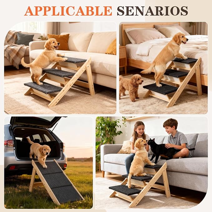 Dog Ramp, Durable Pet Stairs for High Beds, 2-in-1 Foldable Wooden Dog Steps for Couch and Car, Joint-Friendly Stairs for Senior Dogs, Non-Slip Carpeted Pet Steps with High-Weight Capacity