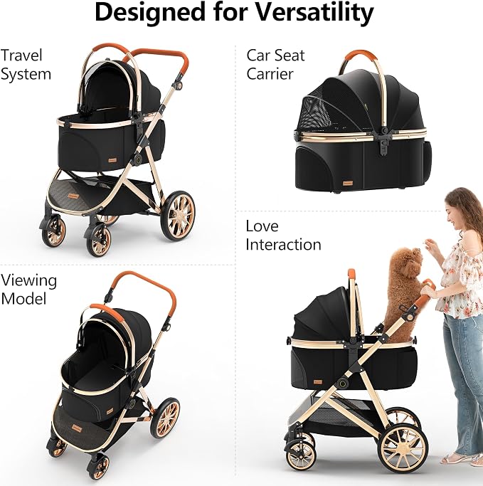 Kenyone Luxury 3-in-1 Pet Stroller - Black (C910L), Detachable Carrier