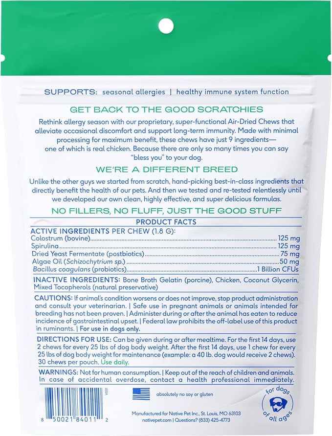 Native Pet Dog Allergy Chews for Medium Breeds - Itchy Skin and Seasonal Itch Support - Colostrum, Probiotics, Spirulina - 30 Chews