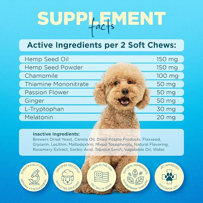 PetJoy Hemp Calming Chews for Dogs Relaxation Separation Anxiety Relief, Chamomile