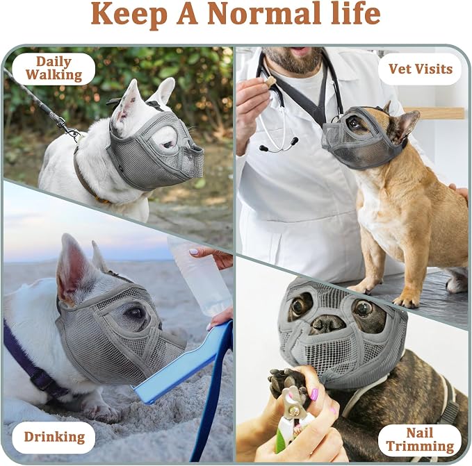 Mesh Short Snout Dog Muzzle with Anti-Eating Design for Frenchie | Fits French Bulldog Pug English Bulldog, Prevent Scavenging, Walking Grooming Use , Allows Full Panting Drinking | Grey, XXS