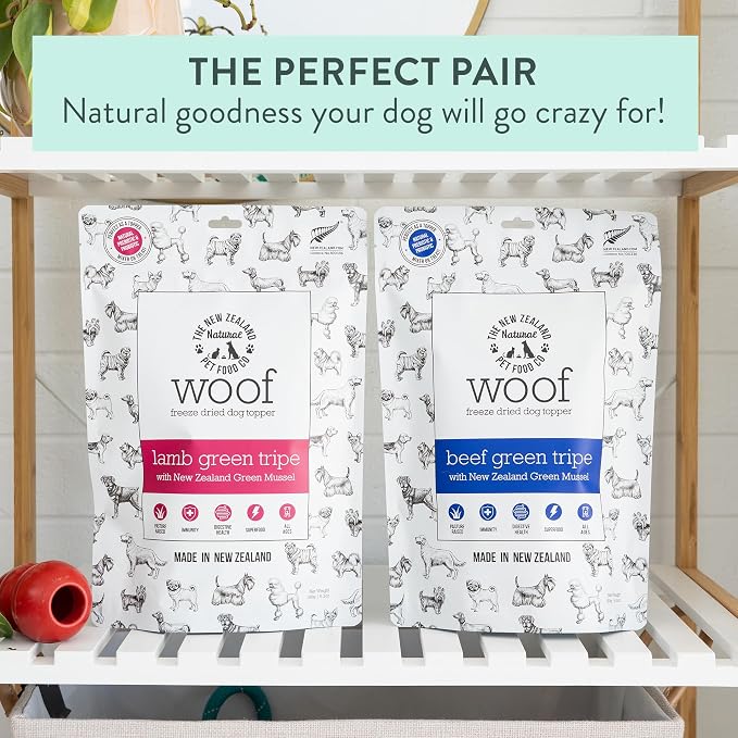 The New Zealand Natural Pet Food Co. WOOF Freeze Dried Dog Topper โ Lamb Green Tripe, High Protein, Digestive Support, Topper or Treat โ 6.3 oz