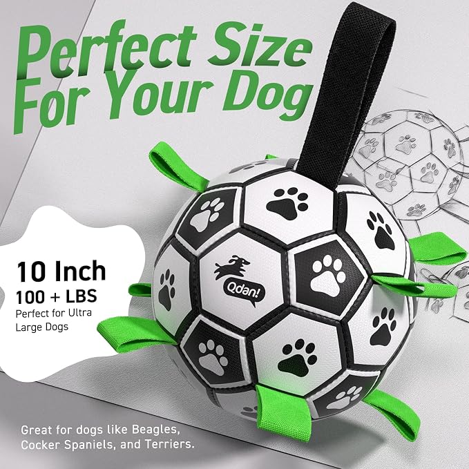 QDAN 10 Inch Gaint Dog Soccer Ball with Straps, Durable Large Dogs Balls | Outdoor Big Dog Toys, Herding Balls for Large Dogs, Puppy Toy for >100 lbs Dogs, Interactive Training Soccer, Pool Water Toy