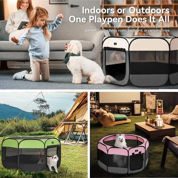 Dog Playpen for Small Dogs & Puppies, 29.92" Portable Indoor Outdoor Puppy Playpen with Bowl, Waterproof Floor, Foldable Pop-Up Pet Pen for Home, Travel & Daily Use, Green+Black