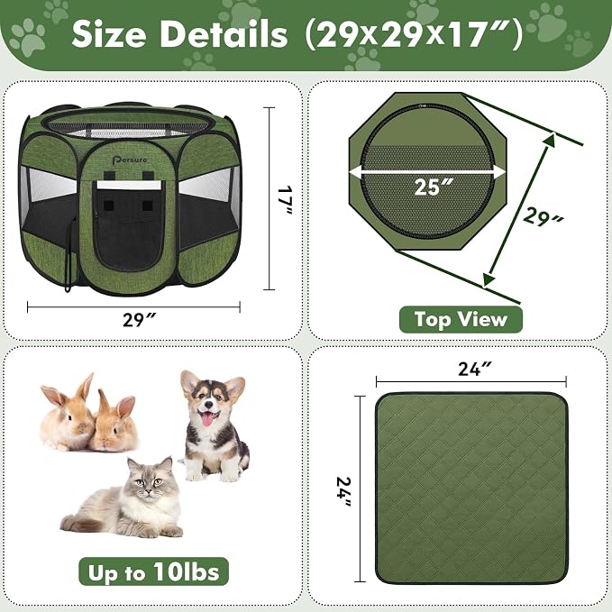 Dog Cat Playpen Indoor Outdoor for Puppy Pet Dogs Cat Recovery After Surgery, Dog Tent Crates Cage Indoor/Outdoor, Portable Pop Up Kennel with Carrying Case for Travel (Premium Green with Pad, Small)