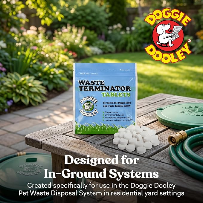 Doggie Dooley Waste Terminator Tablets - 100 Count - Pet Digester Concentrate for In-Ground Disposal Unit - Break Down Solid Waste - Resealable Pouch - Weekly Formula for Large Breeds - White