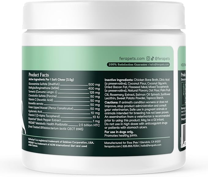 Fera Pets Hip & Joint Supplement for Dogs with Glucosamine, 30 Chews