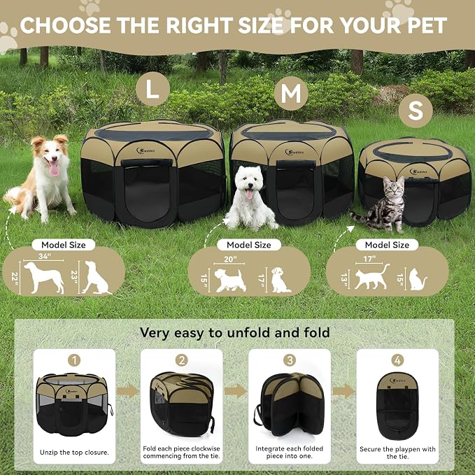 Siedihit Puppy Playpen for Small Dog Cat, Dogs Tent Crate Cage Indoor/Outdoor, Portable Pop Up Dog Kennel with Carrying Bag for Rabbits, Removable Top (Black Khaki, Small)