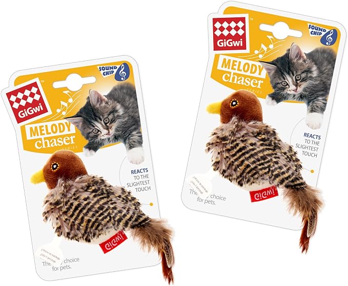 Gigwi Chirping Bird Cat Toys 2 Pack, Automatic Squeaky Toy for Cats | Interactive Cat Toys, Stimulate Hunting Instinct, Relieve Puppy Boredom, Touch Activated, Soft Plush, Safe Indoor Play