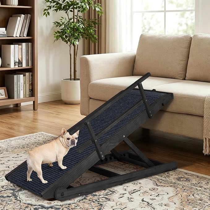 Adjustable Dog Ramp for Beds, Cars, Couches, Dog Steps Anti-Slip Surface, Dogs Ramps for Old Small Pet,High Traction with Platform, 7 Adjustable Heights 16" to 27" Up, Portable Stairs Design for Dogs