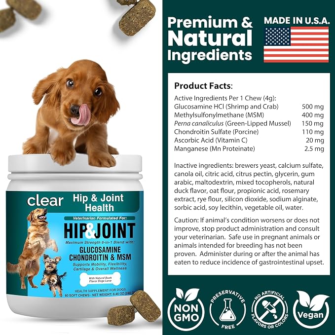 Glucosamine for Dogs Hip and Joint Supplement - Chondroitin, MSM, Green-Lipped Mussel - Clear Hip & Joint - Advanced Mobility Cartilage Support, Bone Health - Tasty Chews 60ct - Made in USA