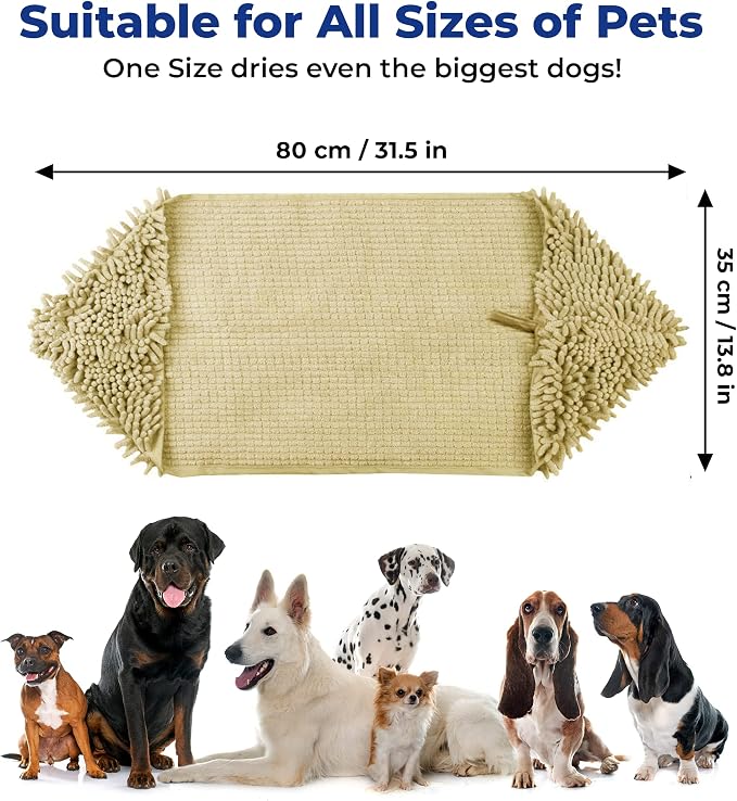 Muddy Mat® Doggy Dryer, Highly Absorbent Microfiber Washable Dog Shammy, Quick Drying Towel Absorber, Extra Soft Plush Wrap Chenille Bath Towels to Dry Soggy Large Pets & Small Puppy - Beige