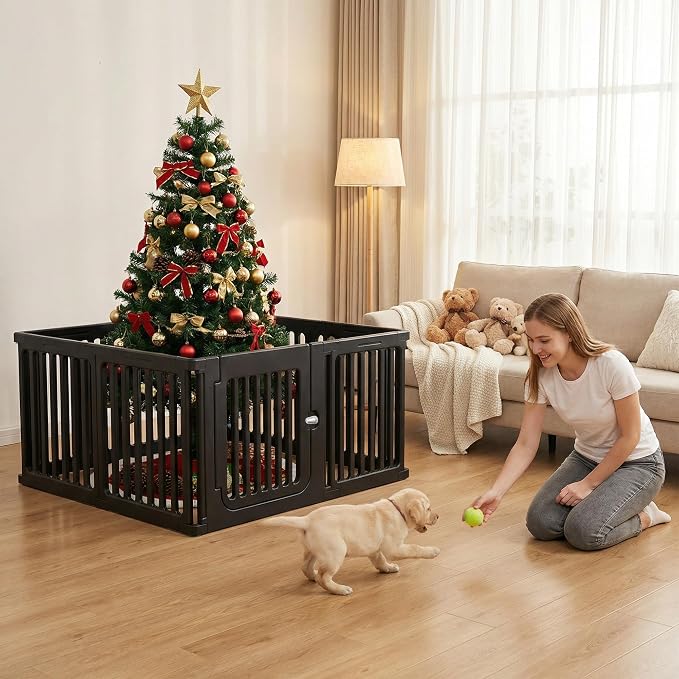 11 Panels Plastic Dog Playpen, Expandable & Durable Pet Fence - Indoor & Outdoor Portable with Secure Locking Door, Durable Safety Play Pen with Puppy, Cat, Small Animal(Black, 23.62" H)