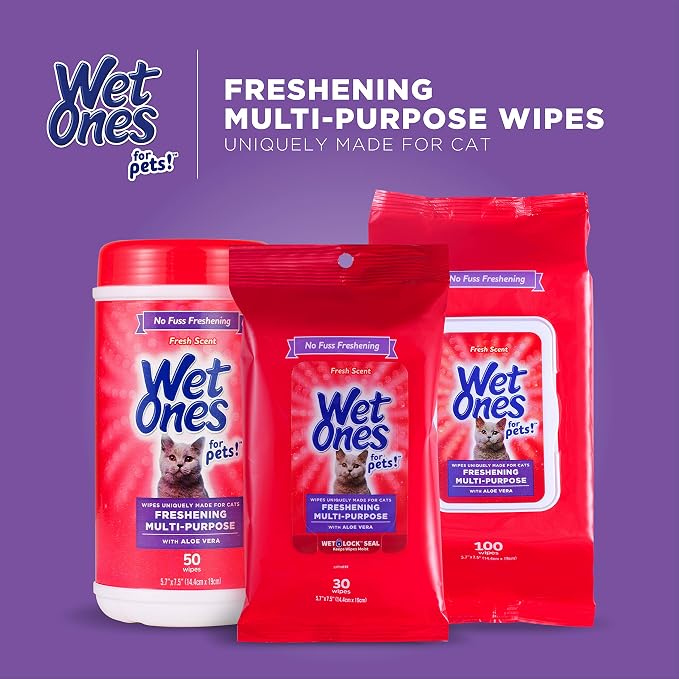 Wet Ones for Cats Freshening Multi-Purpose Grooming Wipes with Aloe Vera, 50 Count