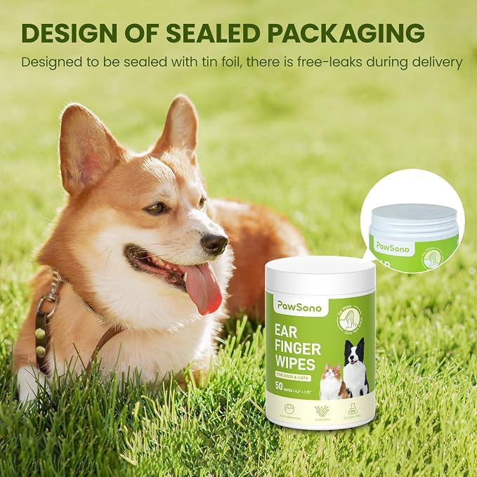 PawSono Ear Finger Wipes for Dogs & Cats, Thicker Dog Ear Cleaner Wipes, Natural Relief Cat Ear Cleaner Dog, Pet Health Supplies for Dog Kitten Small Animal, Aloe Scent Deodorizing - 100 Count