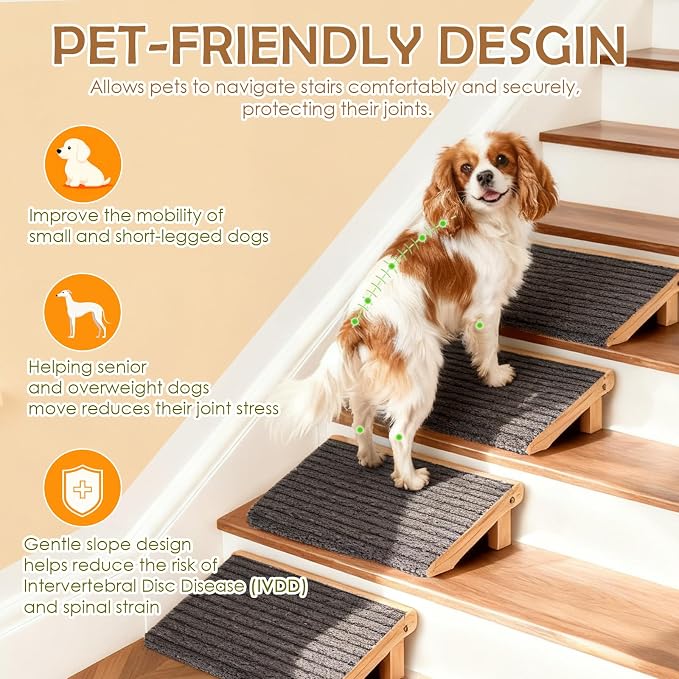 Foldable Dog Ramp for Stairs, Wooden Dog Stairs for Small Dogs | 4.2"H, 2 Pack, Up to 170 lbs, Assist Elderly/Injured Small Dogs, Anti-Slip Carpet Surface, Natural Solid Wood, No Assembly