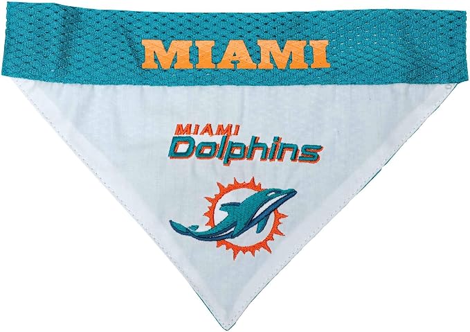 Pets First NFL DOG BANDANA - MIAMI DOLPHINS REVERSIBLE PET BANDANA. 2 Sided Sports Bandana with a PREMIUM Embroidery TEAM LOGO, Small/Medium. - 2 Sizes & 32 NFL Teams available