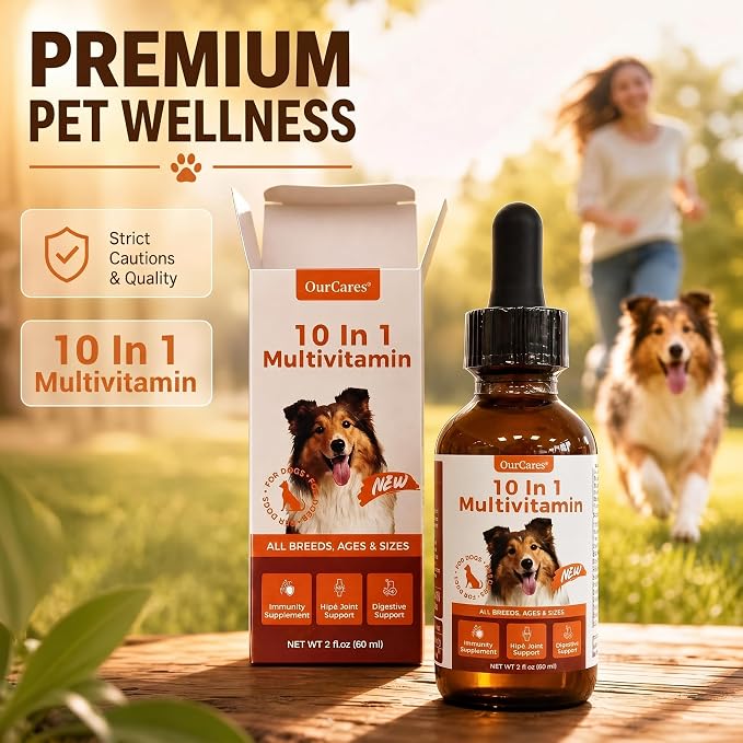 Liquid Dog Vitamins, Multivitamin Drops with Glucosamine, 2 fl oz | MSM & cranberry with vitamins B, C, D3 for skin, coat, energy, immune & urinary health. Tasteless for picky and senior dogs.
