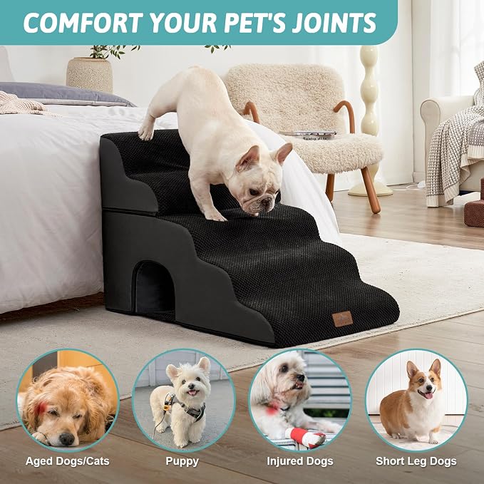 COZY KISS Small Dog Stairs with Tunnel, 5 Step Pet Ramp for High Bed | Curved Stable Dog Step for Puppy, Older Cat, Senior, Medium, Short-Legged Dog, Non-Slip Ladder for Car, 22.4" H, Black