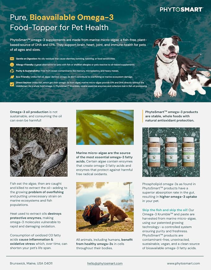 Omega-3 Krumble EPA and DHA for Pets - 100Grams Shaker Top. Pure Un-extracted Marine Micro-Algae Provides Pets with Complete Essential Fats for Total Body Health.