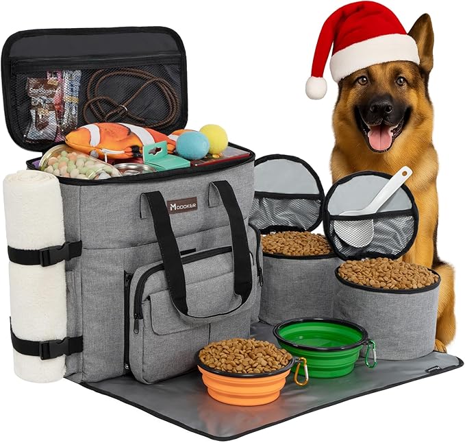 Modoker Dog Travel Organizer with 2 Collapsible Bowls & Food Containers
