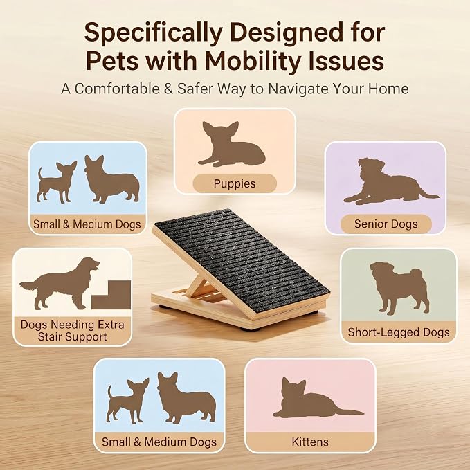 Dog Ramp for Stairs, 4 Pack Foldable Anti-Slip Stair Ramp for Small Dogs, Wooden Pet Steps for Senior, Adjustable Low-Angle Dog Stair