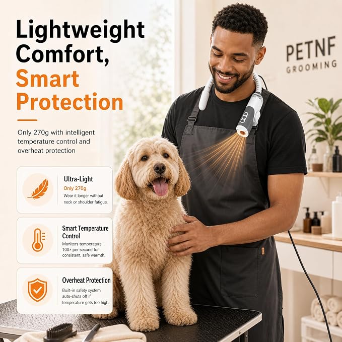 PETNF Hands-Free Neck Dog Dryer, 110,000 RPM High Velocity Pet Hair Blow Dryer for Dog Grooming, 1300W Wearable Design, 3 Speeds 5 Heat Settings, Home & Salon