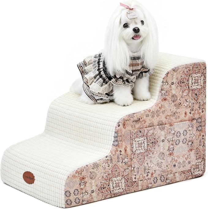 Woochpet 15.7” H Ramp Dog Stairs for Small Dogs, Printed Fabric 3 Tier Wider Curved Pet Stairs for Couch and Beds,Non-Slip Bottom for Old Cats with High-Density Foam and Washable Cover