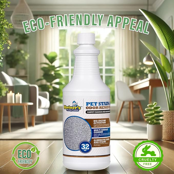 Sheiner's Pet Stain Remover & Pet Odor Eliminator, Advanced Cleaning Bio-Enzyme Cleaner Solution for Carpets, Rugs, Upholstery & Multi-Surfaces, Safe for Pets & Kids. (32 oz)