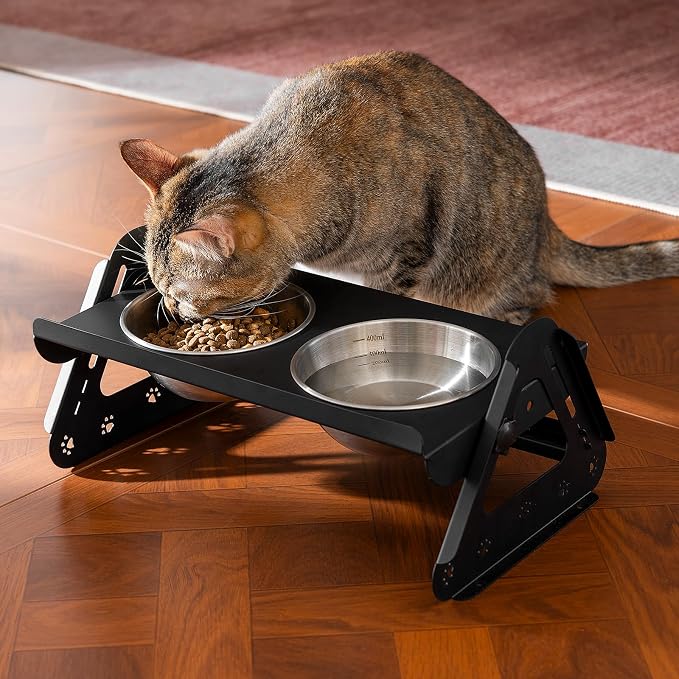 JUNSPOW Elevated Dog Bowls with 2 400ml Stainless Steel Bowls for Small Medium Dogs Cats, 3.35''-6.3'' Height Adjustable and 15° Tilted Adjustment Raised Stand, Lifted Pet Food & Water Feeder