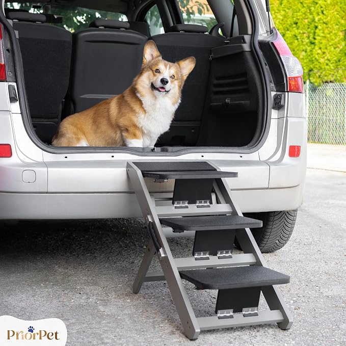Dog ramp for Couch – Non-Slip, Sturdy Build Foldable Dog ramp – Supports up to 200lbs – Adjustable 7'' to 20'' – Landing Platform Seamlessly Connects – Birchwood Pet Ramp for Small Dogs – Gray
