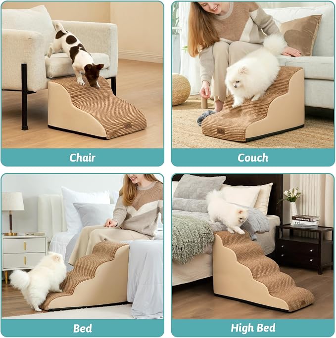 COZY KISS Dog Stairs for High Bed 22.6" H, Small Dog Step for Puppy, Older or Cat, Curved Ramp for Car, Ladder with High Density Foam, Lightweight, Durable, 5 Step, 15.7x33x22.6 inch, Light Brown