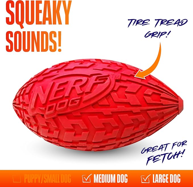Nerf Dog Tire Squeak Football Outdoor Dog Toy, 6 Inch Dog Football Squeaking Toy for Medium and Large Breeds, Red