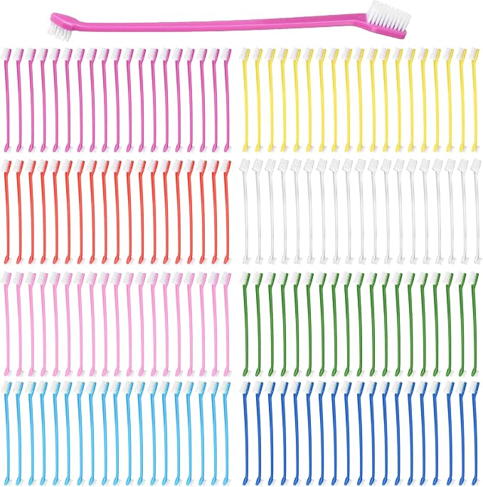 200Pcs Dog Toothbrushes, Dual Headed Dog Tooth Brush Bulk, Long Handle Plastic Pet Toothbrush for Large Small Dogs Cats Puppy Teeth Cleaning Dental Care Supplies 8 Colors