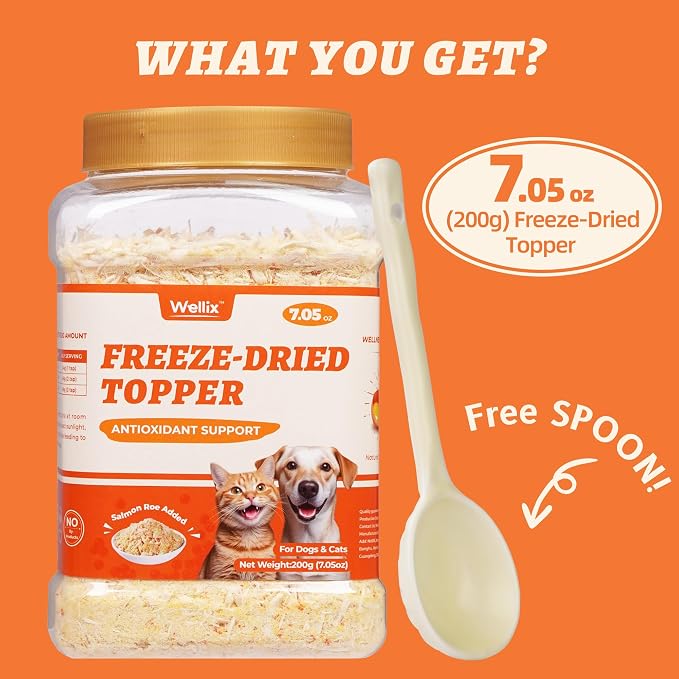 Wellix Dog & Cat Food Topper - Salmon Roe Treats Freeze Dried Egg Yolk & Chicken Flavor Low Calorie - Antioxidant and Skin & Coat Support - Healthy Cat Treats for Indoor Cats