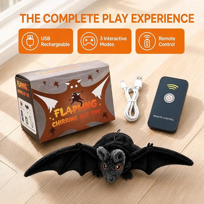 Interactive Flying Bat Dog Toy, Flapping Wings Cute Bat for Indoor Cats & Dogs, Automatic Flapping Wings with Chirping Sounds, Touch Activated, Rechargeable for Solo Play,Remote Control