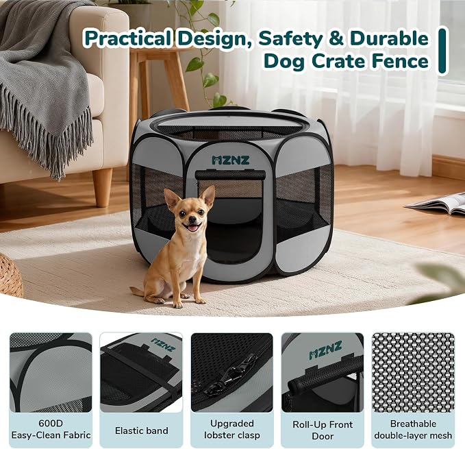 Dog Cat Playpen, Portable Small Animal Playpen Crate Indoor for Dogs Cats Rabbits, Foldable Guinea Pigs Bunny Cage Enclosure Outdoor, Pop Up Dogs Cats Tent Kennel with Carrying Case, Whole Grey