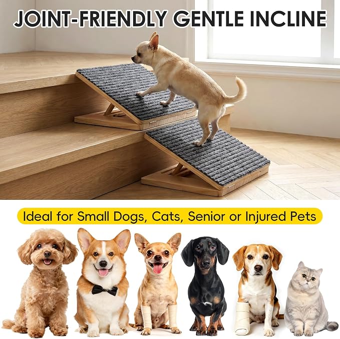 4-Pack Solid Wood Dog Ramp for Stairs – 4 Heights (4"-7") Adjustable Pet Steps, Non-Slip Surface & Silicone Corner Pads, No-Tool Foldable Design for Small Dogs, Cats & Senior Pets