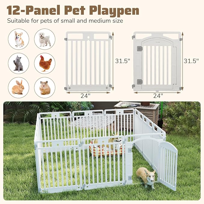 Giantex 12 Panel Dog Playpen, 32'' Tall Plastic Pet Fence with Lockable Door, Indoor Outdoor Portable Dog Exercise Pen for Medium Dogs, Expandable & Configurable into Square or Rectangle