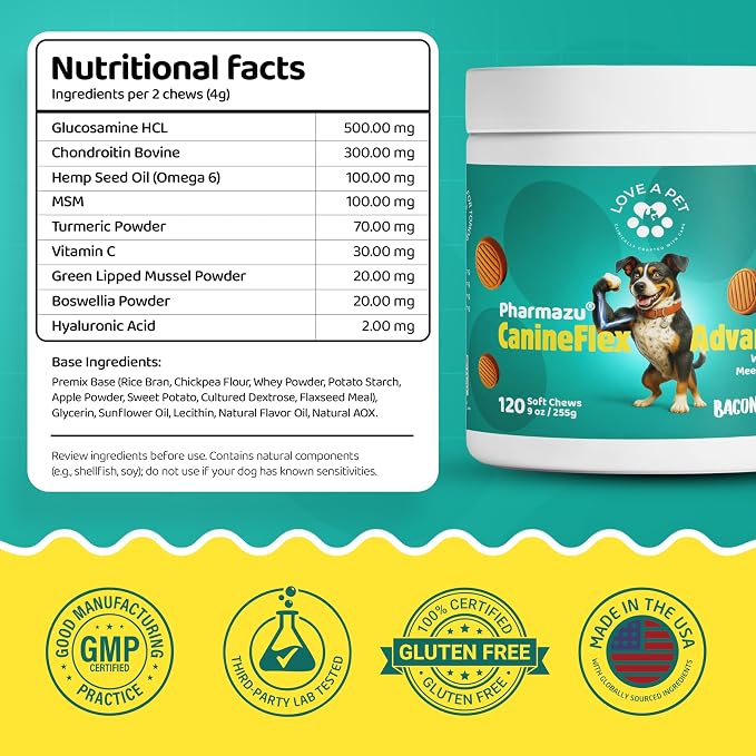 Advanced Hip & Joint Support – Joint Supplement for Dogs Bacon Flavor Soft Chews; MSM & Turmeric for Mobility & Glucosamine for Dogs – Dog Vitamins and Supplements, 120 Chews