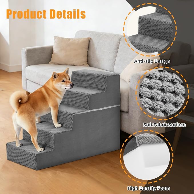 5-Step Dog Stairs for Large Dogs and Cats, 23in H Dog Steps for Couch, Sofa, Chair, Non-Slip Sturdy Pet Steps, Pet Ramp for High Bed Indoor, Grey