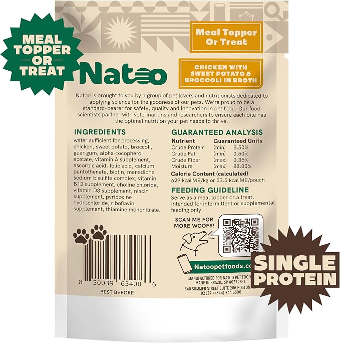 NATOO Dog Food Topper for Picky Eaters & Dog Treat (Chicken with Sweet Potato & Broccoli), Dog Toppers for Dry Food, Wet Meal Toppers for Dogs & Puppies, Limited Ingredient Dog Food, 3 oz (Case of 20)