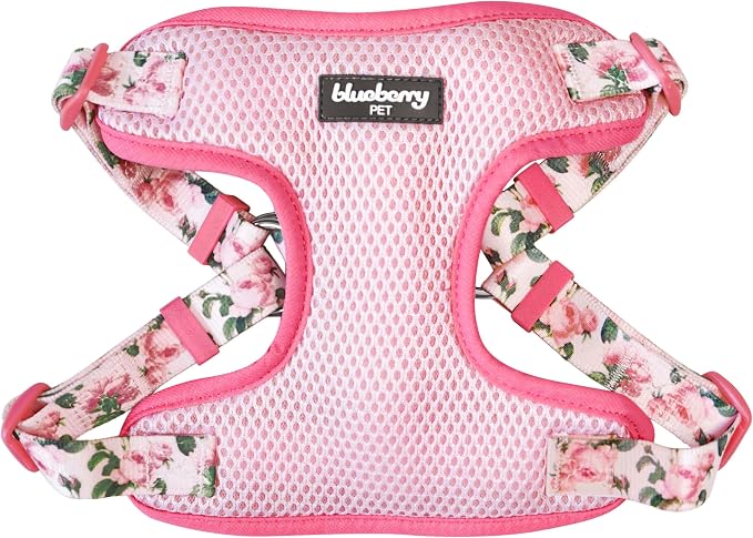 Blueberry Pet Pink Floral Print Mesh Dog Harness Vest for Large Dogs, Soft Breathable Adjustable Dog Harness