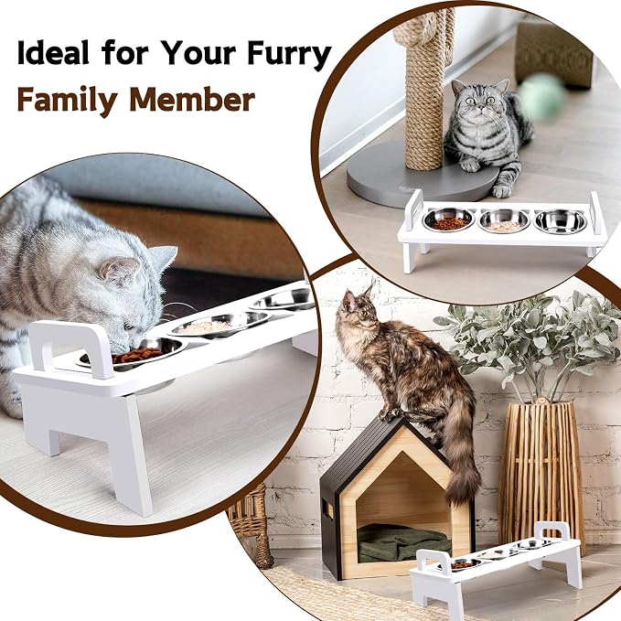 Bamboo Elevated Cat Bowls, 3 Stainless Steel Raised Cat Bowl with Stand, 15°Tilted Cat Feeding Station, Cat Food and Water Bowl Set for Small Cats, Anti Vomitting, Whisker Fatigue (Natural) (White)