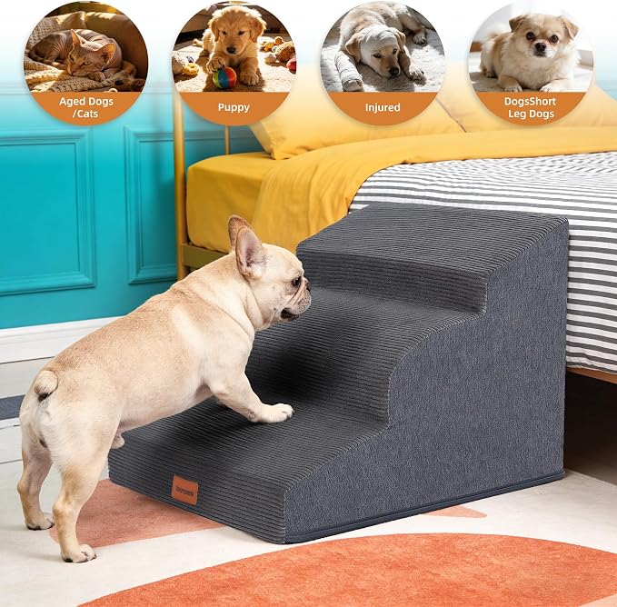 Dog Stairs for Small Dogs,15.7" H,3-Step Curved Pet Ramp for Bed Couch Sofa and Chair,Non-Slip Pet Steps for Injured & Senior Pets with Washable Cover and Durable High Density Foam,Grey