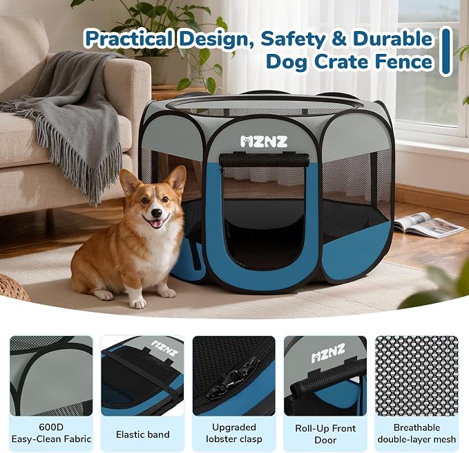 Dog Cat Playpen, Portable Puppy Pet Crate Indoors for Small/Medium Dogs Cats Rabbits, Foldable Dog Cage Enclosure for Outdoor, Pop Up Dogs Tent Kennel with Carrying Case, Grey Blue