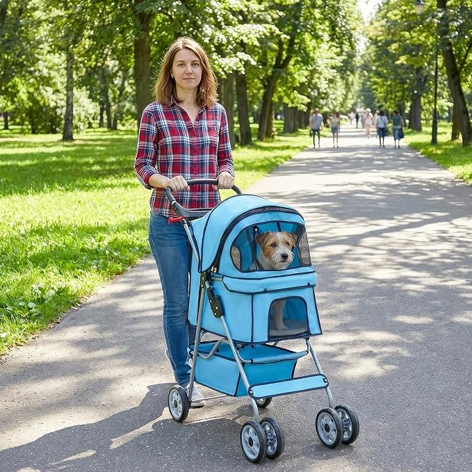BestPet 4-Wheel Pet Stroller - Blue, Travel Folding Carrier 04T