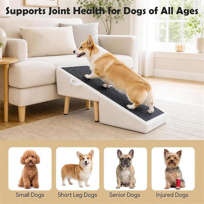 16" H Dog Stairs & Ramp for Small Dogs, 2-in-1 Foldable Wooden Dog Ramp for Low Bed and Couch, Non-Slip Split Ottoman Pet Ramp, Safe for Puppies, Senior, Injured Dogs, White