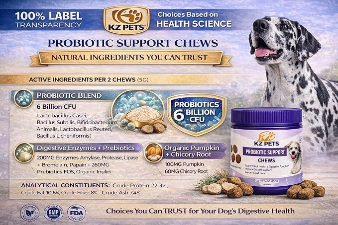 Probiotic Support Chews for Dogs β 6 Billion CFU 5-Strain Dog Probiotic with Prebiotics & Digestive Enzymes β Gut Health, Digestive Support & Immune Support Supplement β 100 Soft Chews